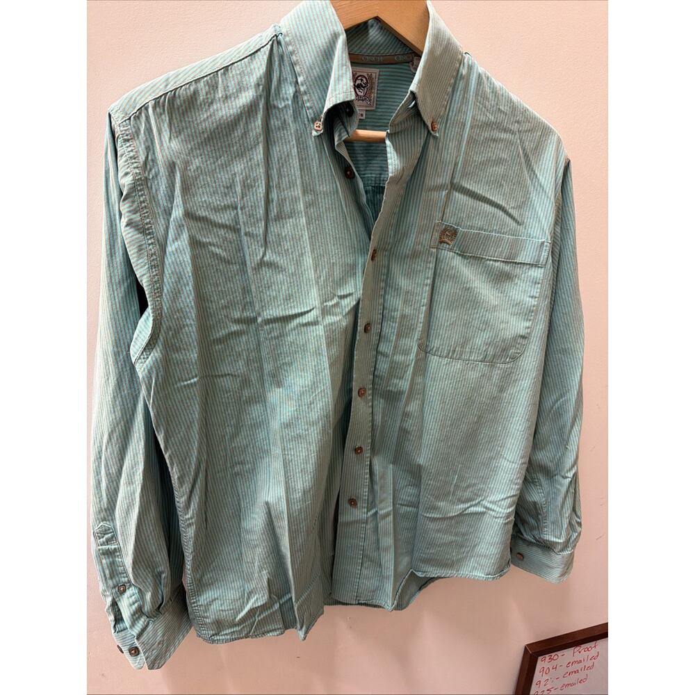 Cinch Mens Sz XS Long Sleeve Button Shirt Teal Blue With Brown Strips